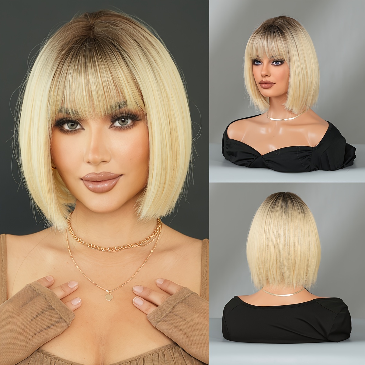 E-shop Routine Bob Perücken Kurze Gerade Hellgoldene Perücken mit Dunklen Wurzeln Hohe Dichte Blonde Perücken für Frauen Täglich Party Gebrauch