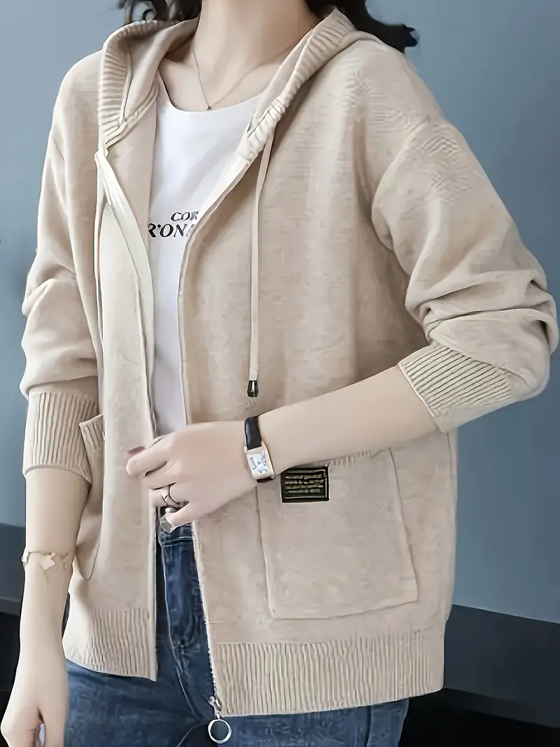 zippered hooded jacket for women - elegant winter coat with full zip, hooded collar, and long sleeves for casual and formal outfits, wash at / (belt) 2