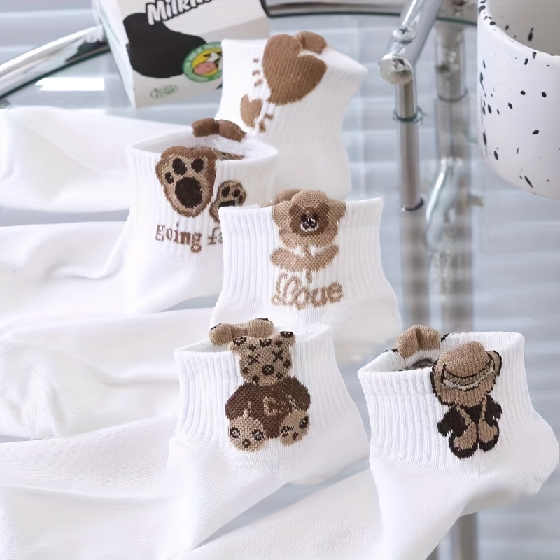 5 Pairs Cute 3D Cartoon Bear Socks, Comfy & Breathable Short Socks, Women's Stockings & Hosiery