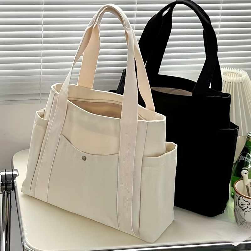 

1pc Large Capacity Canvas Tote Bag, Multi-pocket Shoulder Bag, Portable Tote Bag, Suitable For School, Work, Travel, Shopping