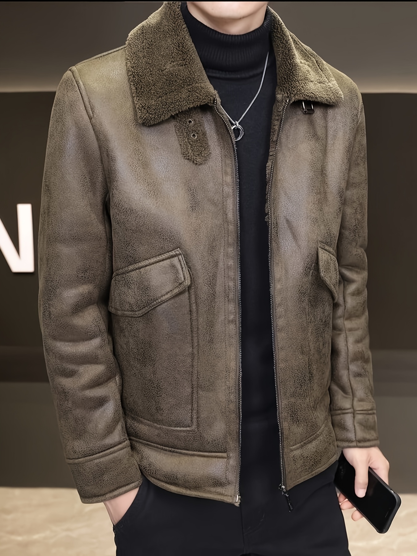 Men's -Lined PU Leather Jacket