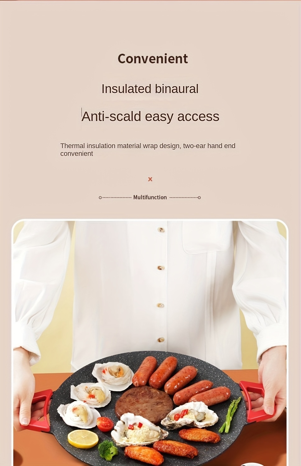 Round Multi-Purpose BBQ Pan in Korean Style, Perfect for Home Grilling. This Electric Grill Features a Non-Stick Surface And Is Ideal for Outdoor Barbecues. It Comes with a Red Handle And Adjustable Settings, Making It Great for Family Gatherings.