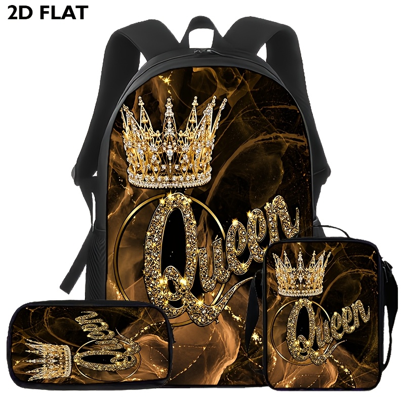 TEMU 3pcs Queen-themed Backpack Strap, Pencil Case And Crossbody Bag Set - Large Capacity Book Bag, Suitable For Middle And High School Students And