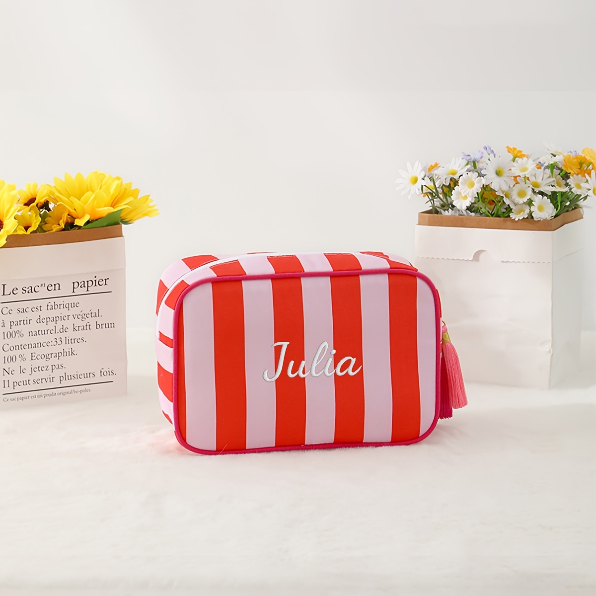 TEMU Custom Embroidered Trendy Striped Makeup Bag, Personalized Embroidered Name/text Travel Organizer, Colorful Toiletry Pouch, Multi-functional