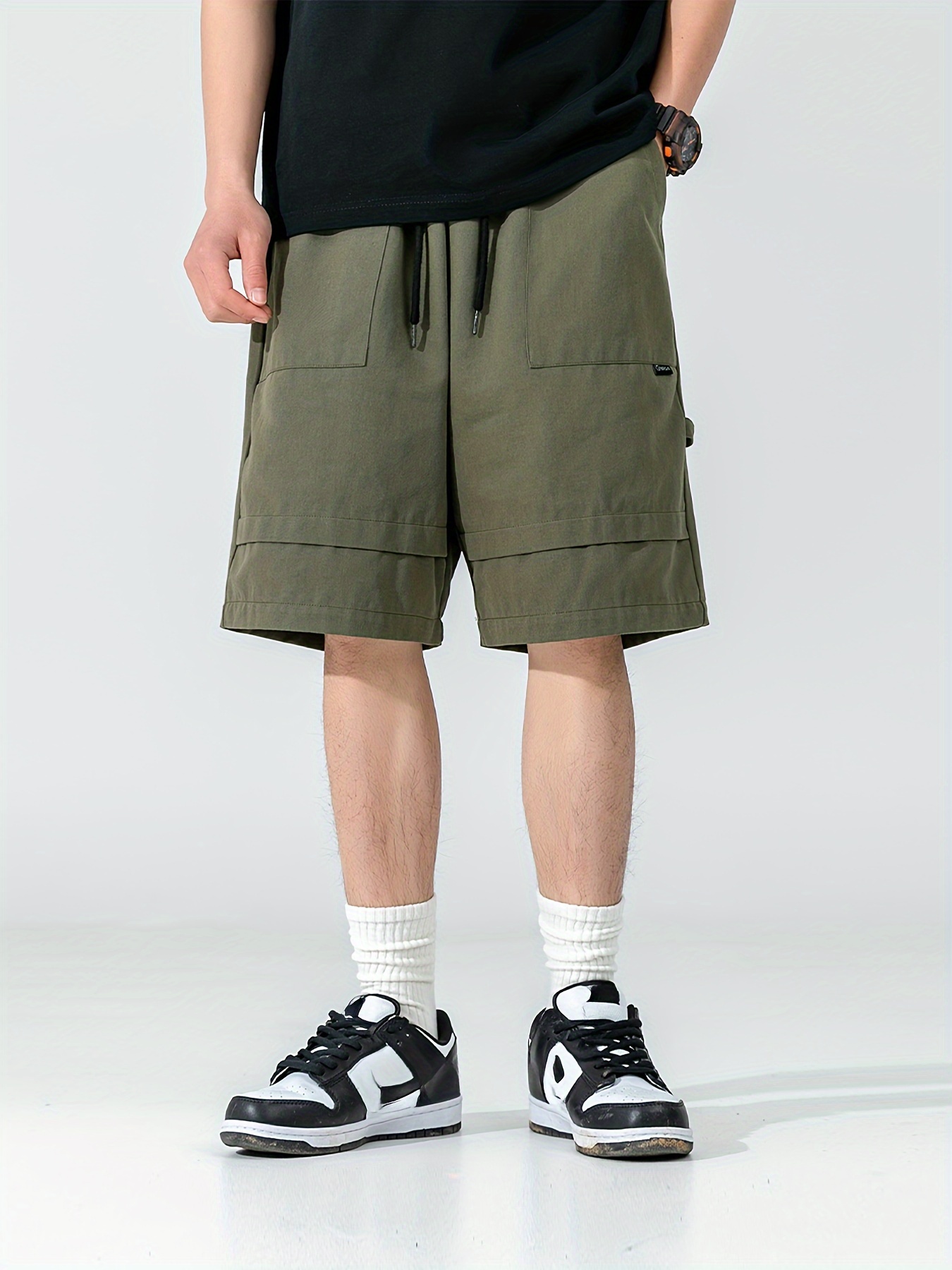 mens 100 cotton solid elastic waist cargo shorts with pockets casual breathable shorts for outdoor