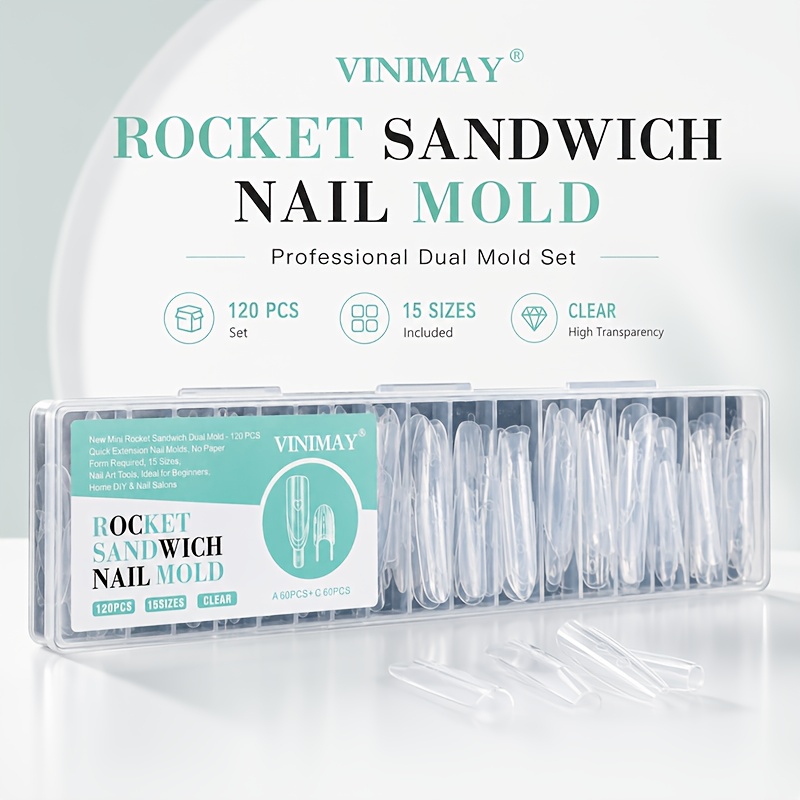 TEMU molde de extensión de uñas tipo sándwich de VINIMAY, moldes transparentes de estilo para dar forma a puntas de uñas, 120 piezas, 15 tamaños