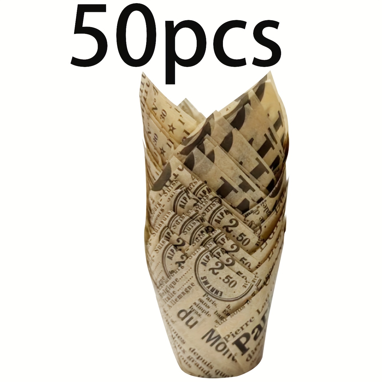 Image of 50pcs/100pcs Odorless Tulip Cake Paper Cups With Newspaper Patterns And Oil-proof Muffin Liners For Kitchen Gadgets, Suitable For Parties, Gatherings, And Birthdays