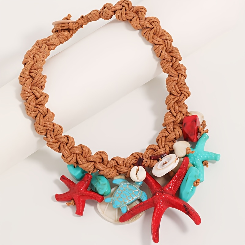 TEMU 1pc Vintage Bohemian Handmade Starfish, Sea Turtle, And Conch Shell Pendant Braided Necklace - Beachwear Suitable For Women's Prom Parties, A