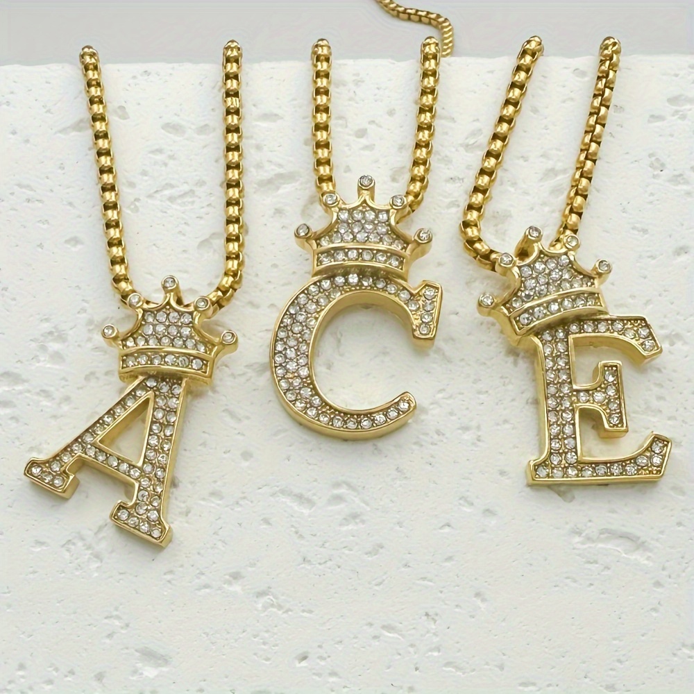 Greppn 1-teiliges Set mit plattiertem 316L Edelstahl-Anfangsbuchstaben-Anhänger und Strasssteinen – lässiger Hip-Hop-Schmuck für Damen und Herren_voghion.com