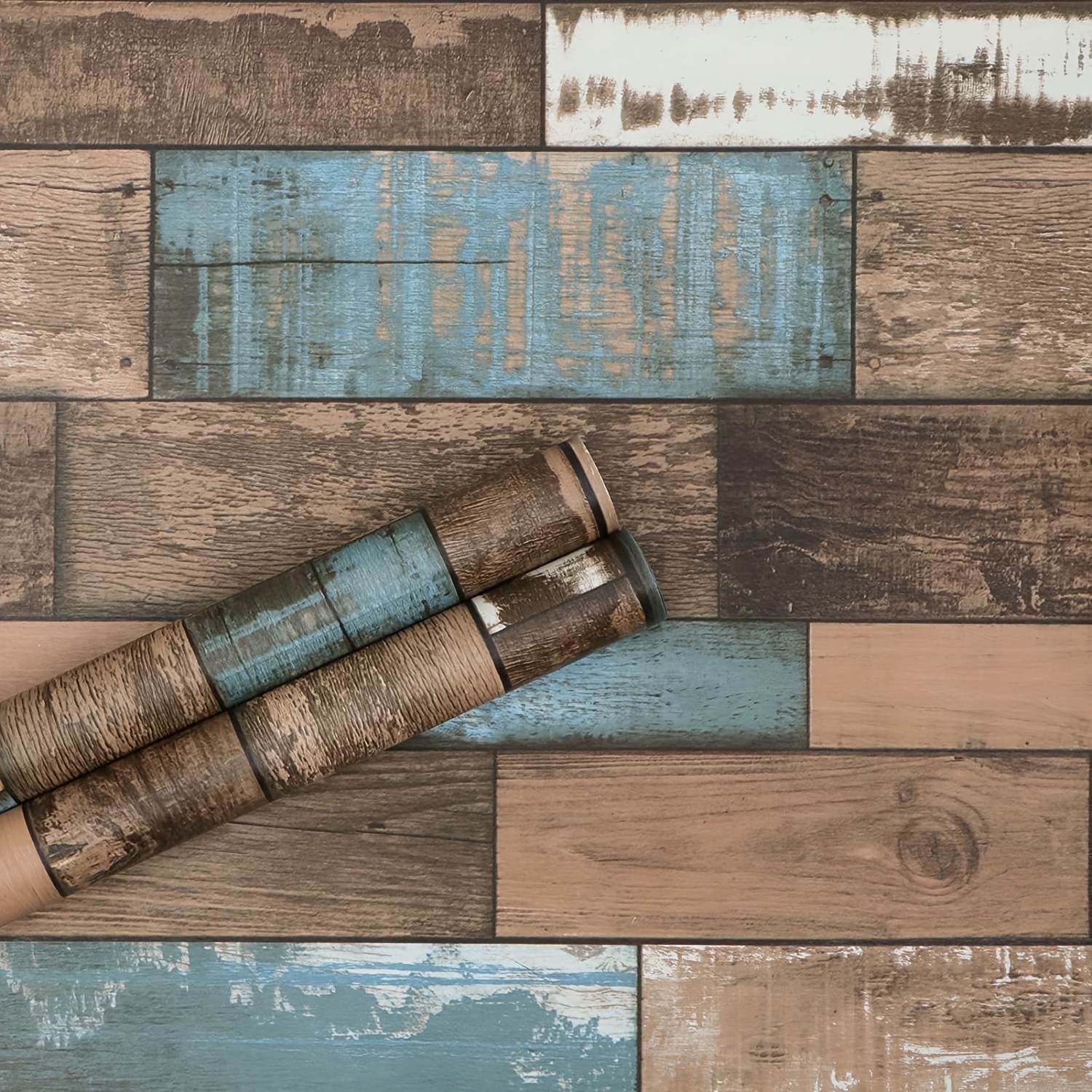 

1pc, Blue Brown Wood Wallpaper, Plank Multicolored Vintage, Self Adhesive, Back Splash, Removable Shelf Or Contact Paper, , Vinyl