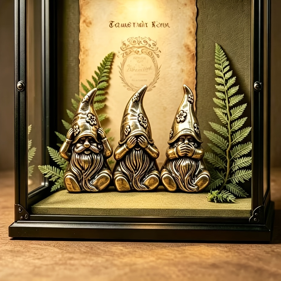 TEMU Brass Vintage Distressed 3 Elf Figurine Ornament - Hollow "see No Evil, No Evil, Speak No Evil" Statue - Goblin Desktop Tea Pet - Triple-body
