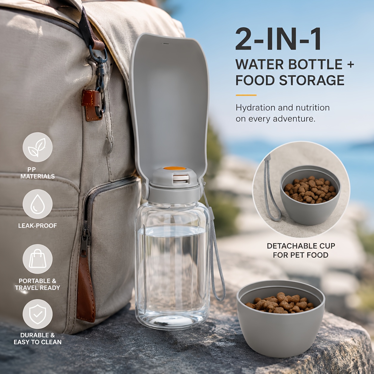 dual purpose 520ml water 150ml food portable dog water bottle leak proof pet travel water bottle with food bowl collapsible   dispenser essential for outdoor travel dog water bottle Product details 3