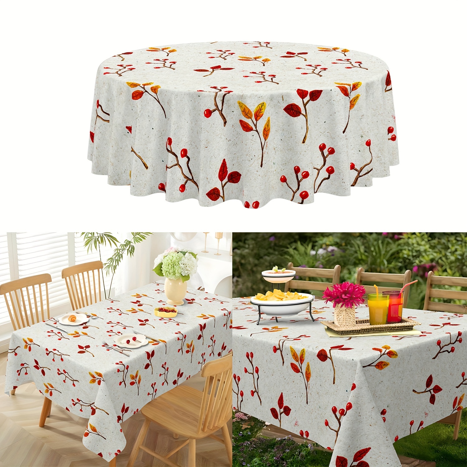 

1pc Thanksgiving Polyester Tablecloth - Round Autumn Floral Pattern - Stain-resistant, Machine-woven, Durable For Fall Harvest Dinner Decor