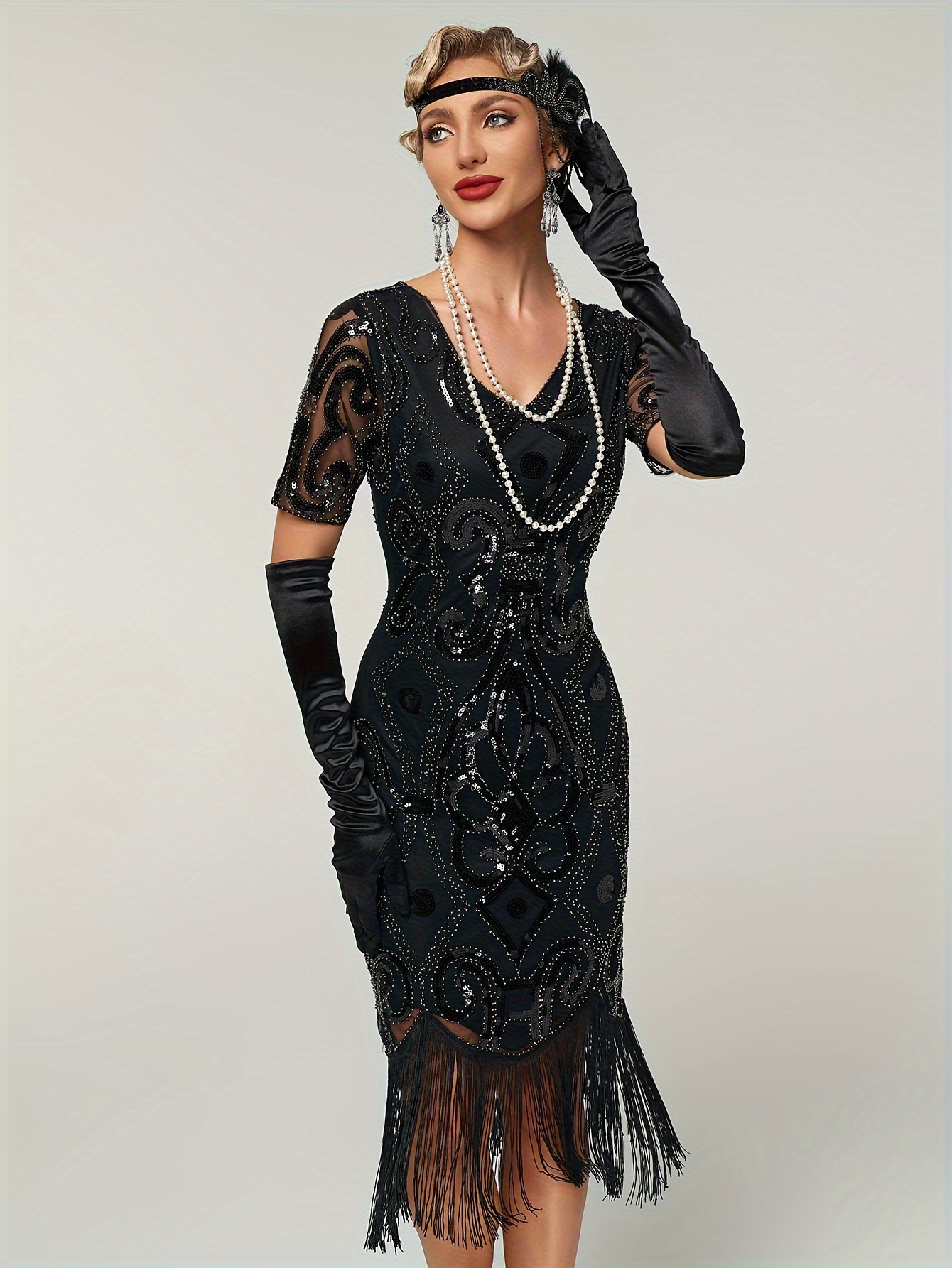 pailletten v hals jurk vintage korte mouw bodycon franje Temu