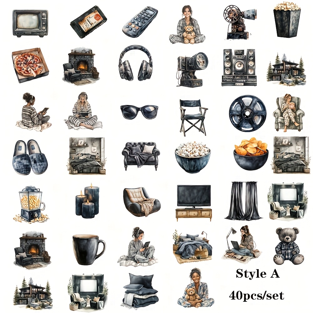 Image of Set Of 40 Vintage For A Night, Featuring Popcorn, Pizza, And Decorations For Notebooks, Albums, Diaries, And Magazines