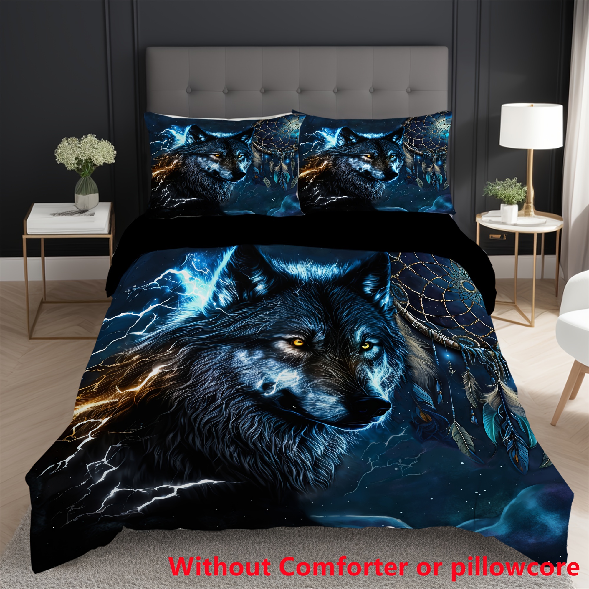 2/3pcs 3d Wolf Animal Dreamcatcher Print Duvet Cover Set (1 Duvet Cover + 1/,2 Pillowcase, Without Core), Soft Comfortable Bedding Set, For Bedroom, Dorm, Home Decor