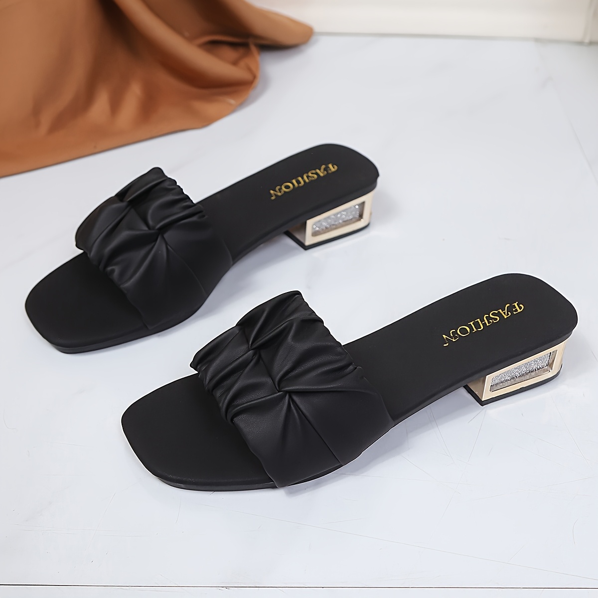 Women'S Stylish Summer Mules with Pleated Bow And Sparkling Chunky Heels, Suitable for Everyday Commuting, Dates, Or Parties., Women Shoes
