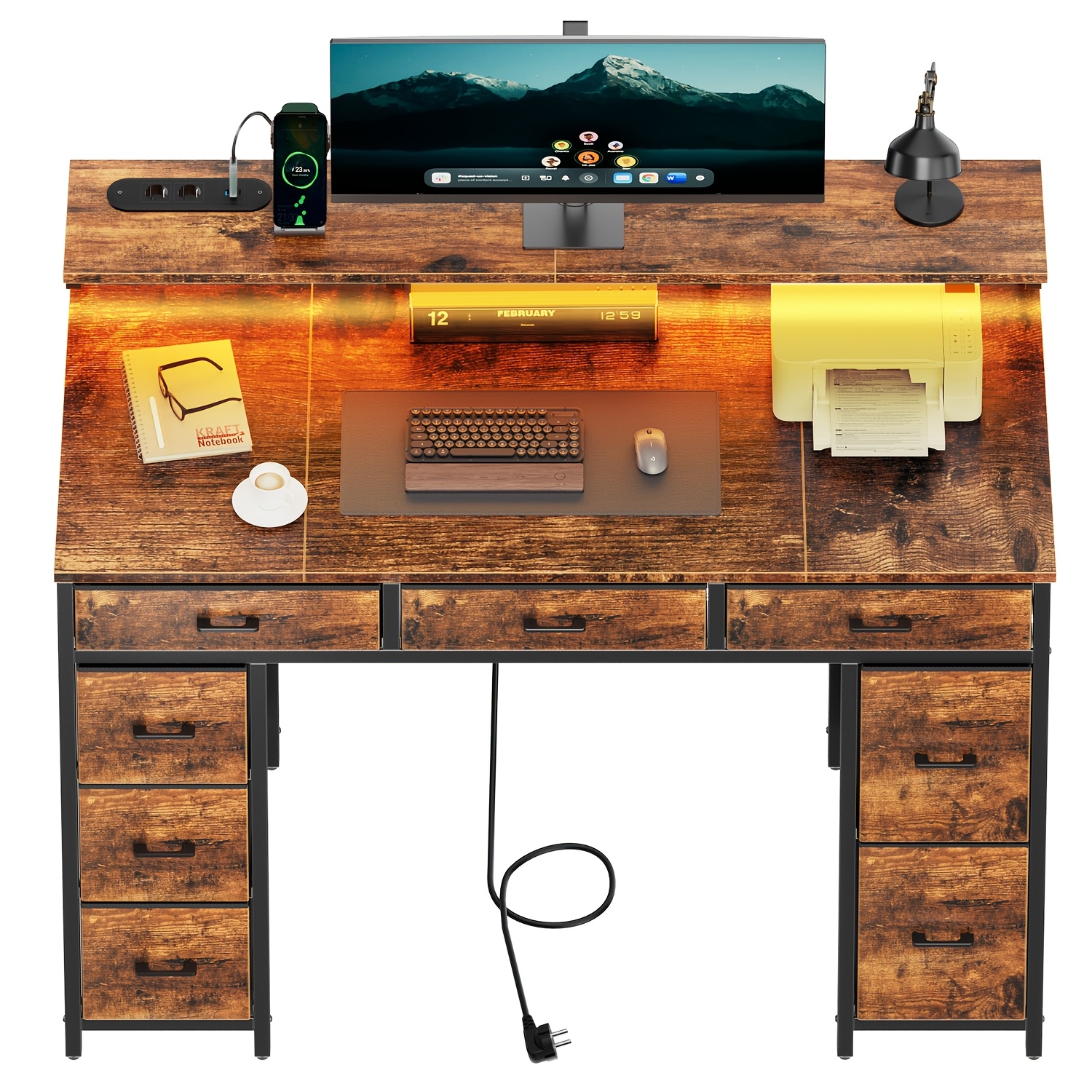Desk With 8-drawer Storage Cabinet & Usb- - Multicolor /metal Frame Suitable For Home Office, Study Writing Table With Monitor Stand, Usb Outlets, -standing Desk For Bedroom & Living Room Adults