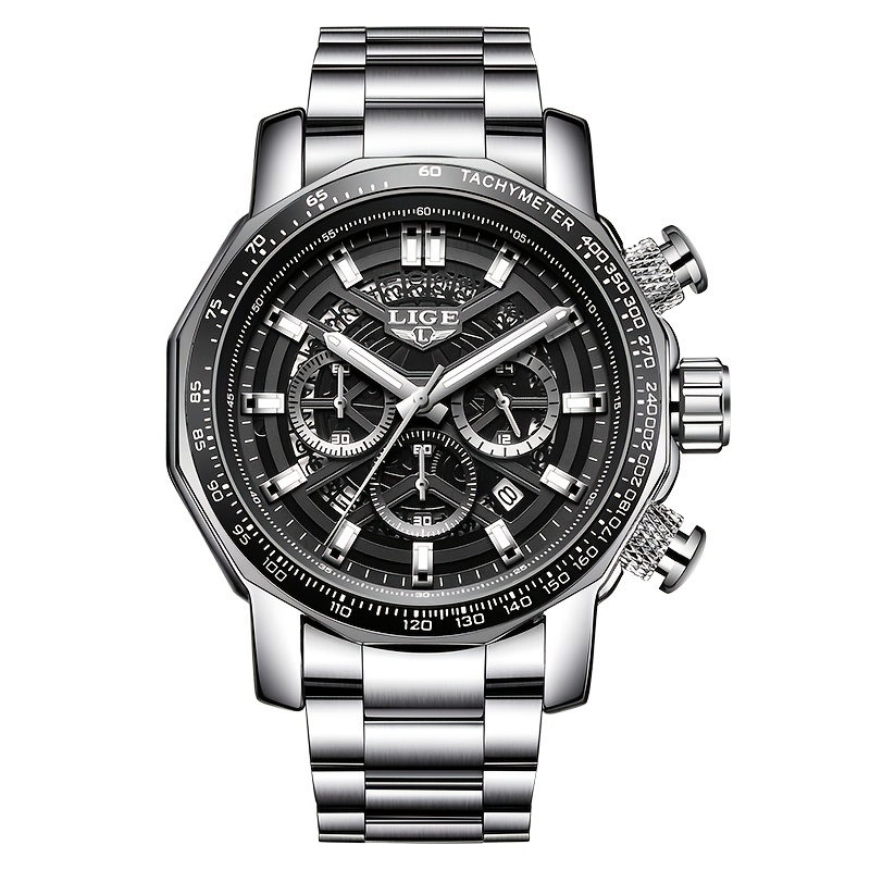 Lige Fashionable Quartz Watch, Stainless Steel Strap, Precise Date Display 24-hour Dial, Alarm Clock Timer, Multi-scene Free Conversion Wearing, Gifts