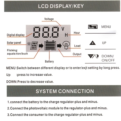1pc solar charge controller with lcd   usb ports adjustable pwm auto voltage recognition for 12v 24v batteries built in under voltage reverse polarity and short circuit protection hard wired power supply   voltage below 50v Product details 1