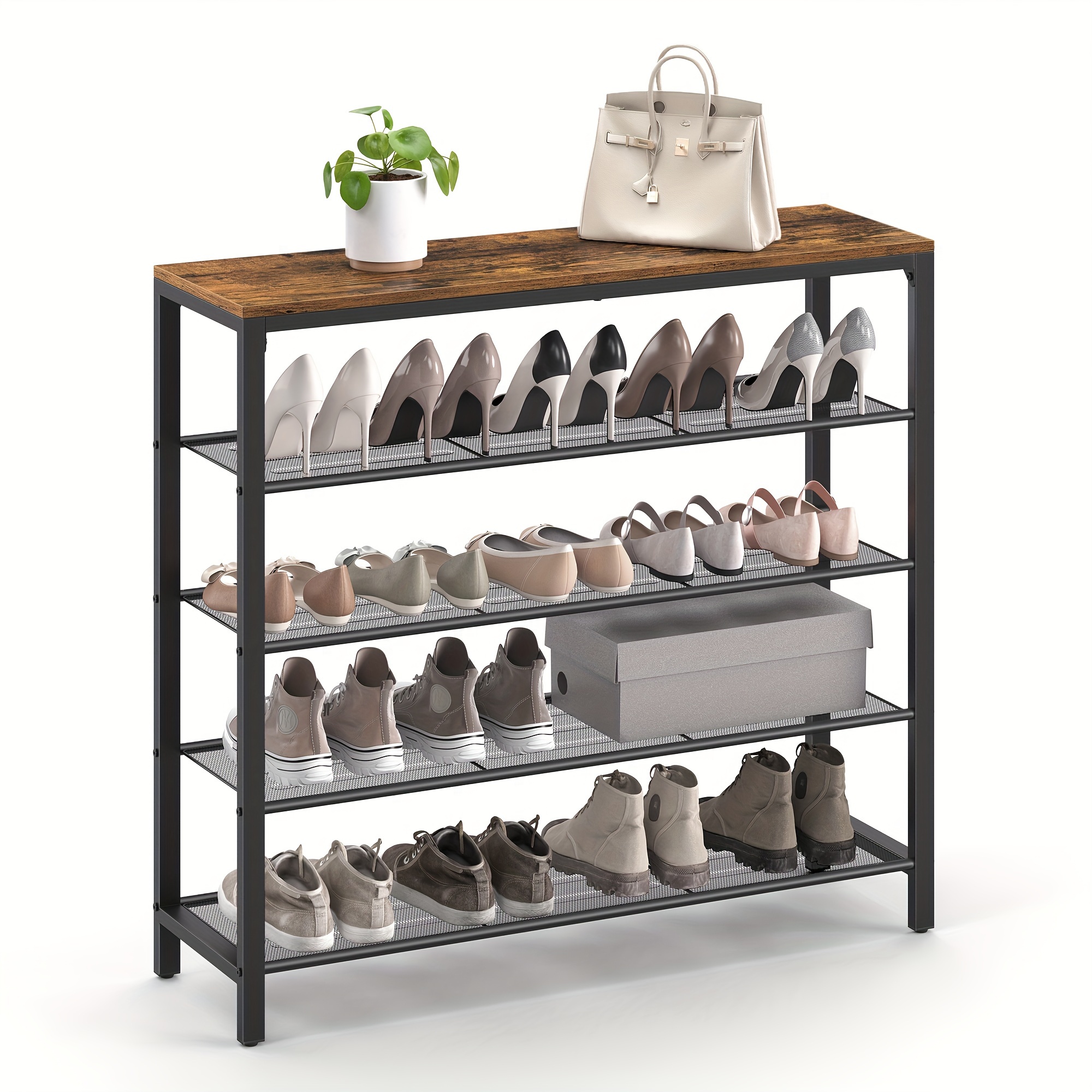 

1pc Shoe Rack, 5-tier Shoe Storage Organizer With 4 Metal Mesh Shelves For 16-20 Pairs And Large Surface For Bags, For Entryway, Hallway, Closet