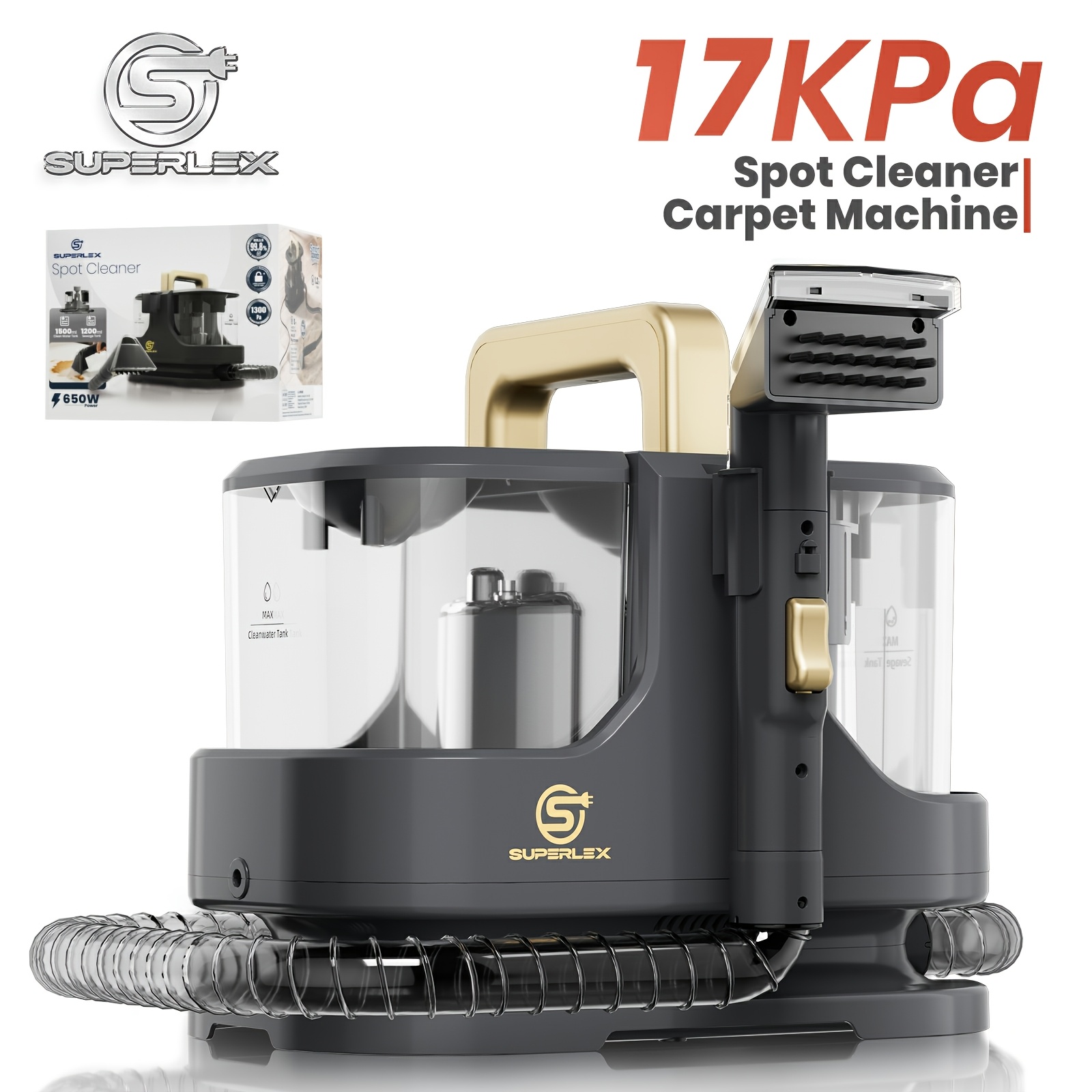Image of Superlex Portable Carpet Cleaner Machine 650w, 2-in- Cleaner With 17kpa Suction, 1500ml Clean Water Tank & 1200ml Dirty Tank, Cord & 1.2m Hose, For Hard Floors, Tile, Wood