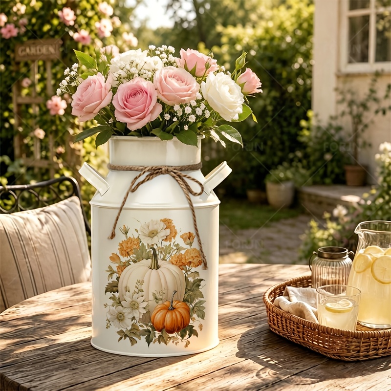 TEMU 1pc Iron Vase, Autumn Floral Pumpkin Arrangement , Style Decorations, Retro Farmhouse Style Design, Home Decoration Vases Suitable For Placing