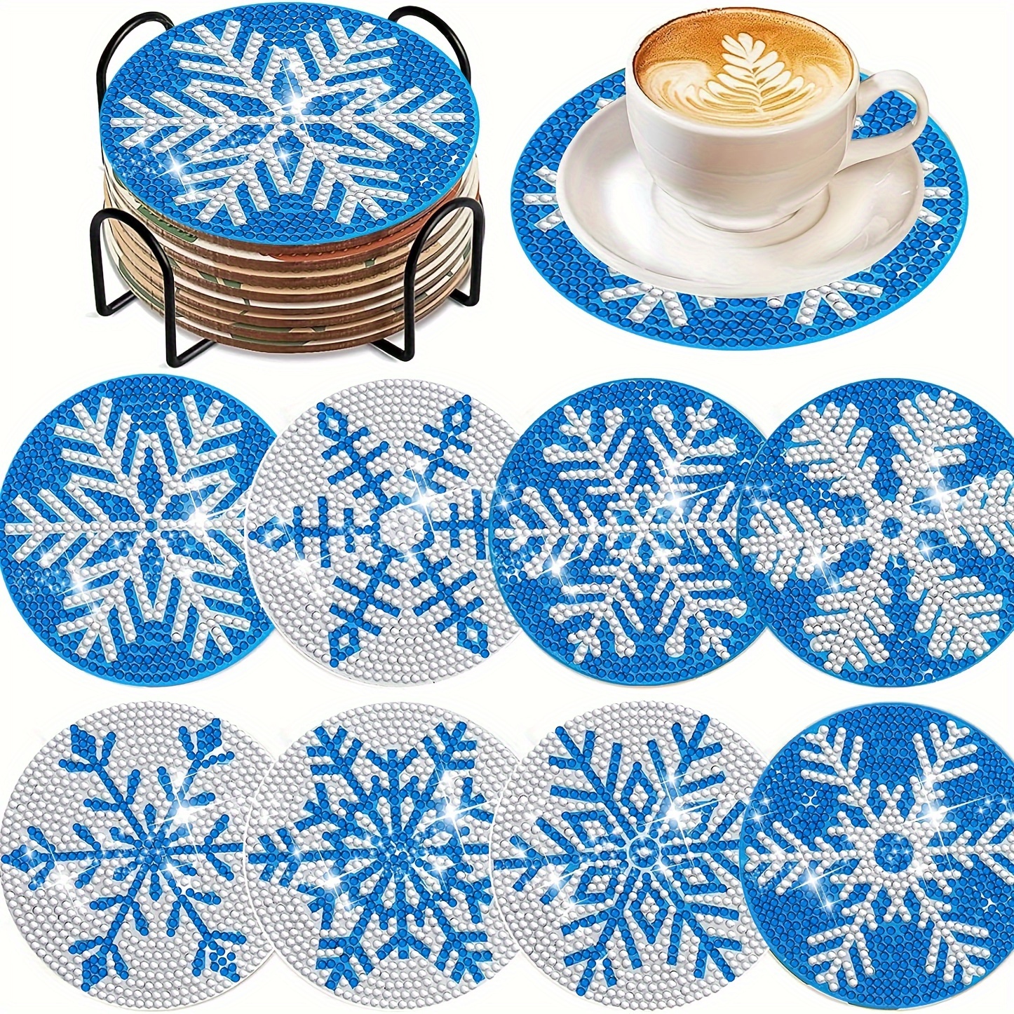 

8-piece Snowflake Diamond Painting Coasters Kit With Holder, Round Drill Diy Beverage Set, Full Drill Diamond Art Kits For Adults, Landscape Themed Gemstone Art Gifts