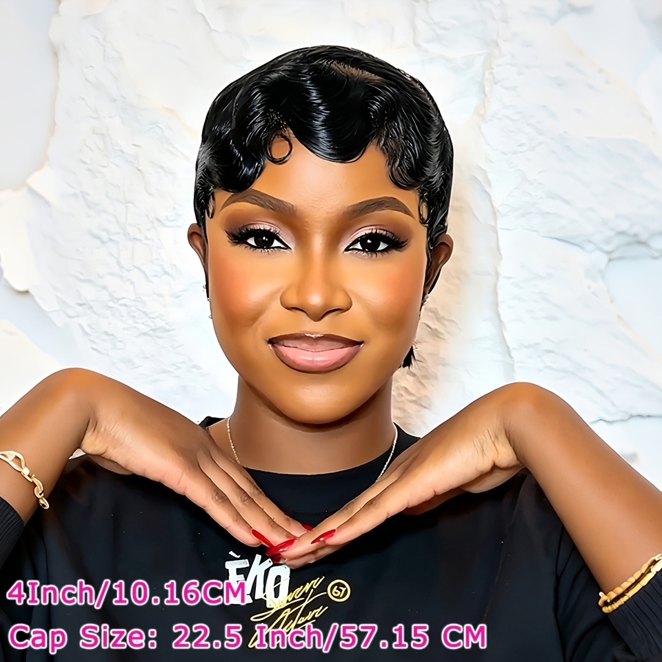 TEMU Chic Black Cut Wig Human Hair With Finger Ocean Wave Remy Peruvian Human Hair Wig Water Wave Full Machine Made Natural Black Colored Wig Deep