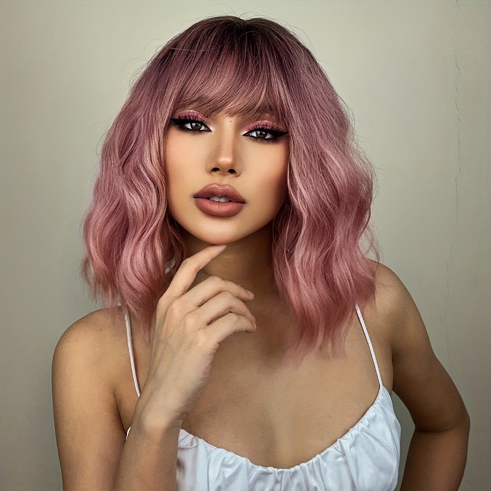 Gradient Pink Bob Wigs Women Curly Wavy Wigs Bangs Short Temu United Kingdom