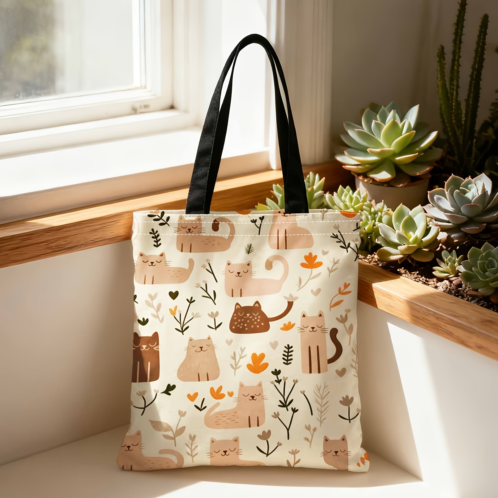 TEMU 1pc Shopping Tote Bag, Portable Shoulder Bag, Double-sided Printed Design, Cute Cat Floral Pattern, Comfortable Feel, Used For Travel, Cosmetics