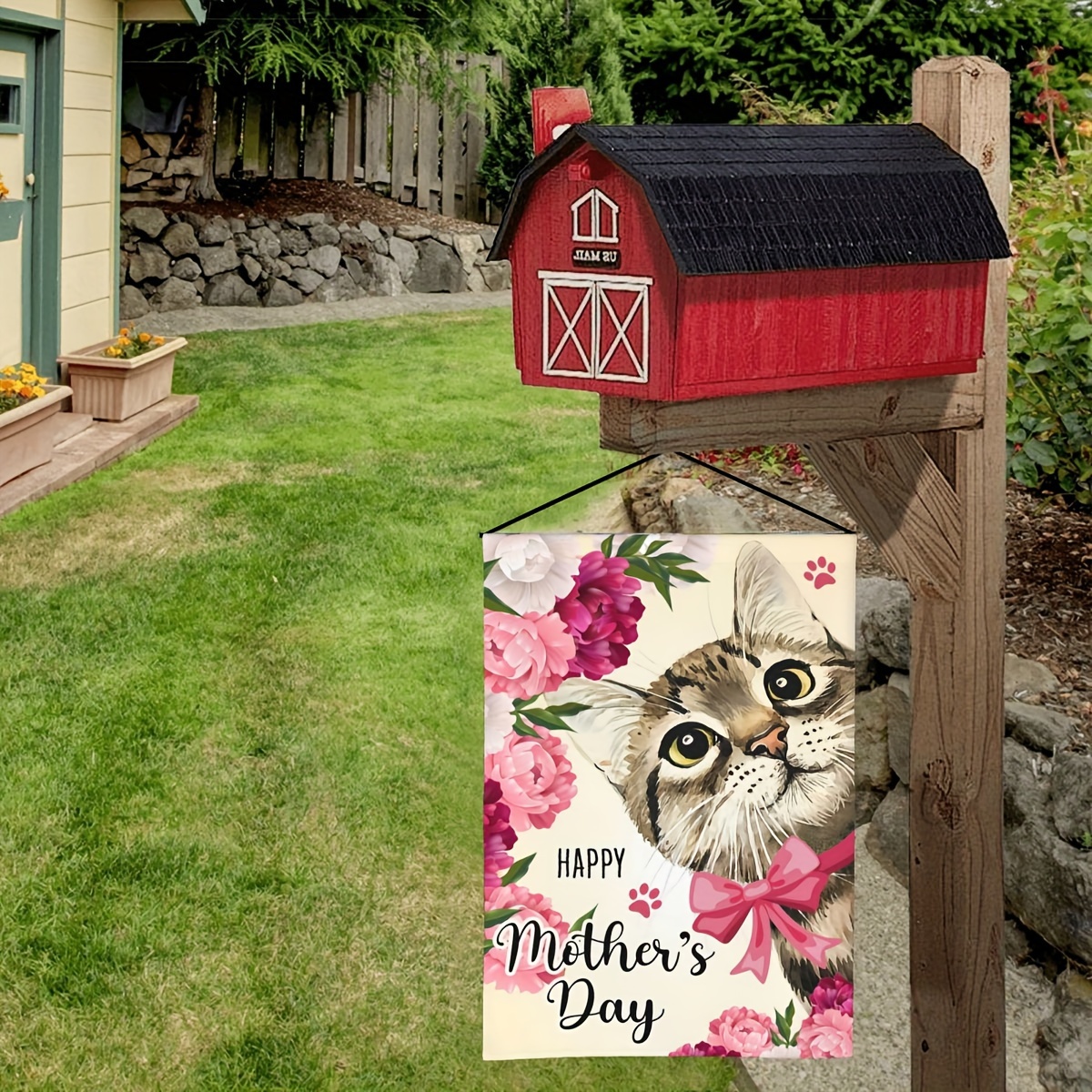 Hello Spring Garden Flag 12x18 Double Sided Vertical, Burlap Small Cat Dog Floral