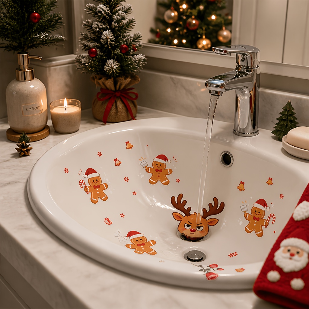 TEMU 1pc Cozy Christmas Gingerbread Bathroom Sink Decorative Sticker, Featuring A Reindeer Head, Bells, Red Roses, And Small Red Flowers. The Warm-