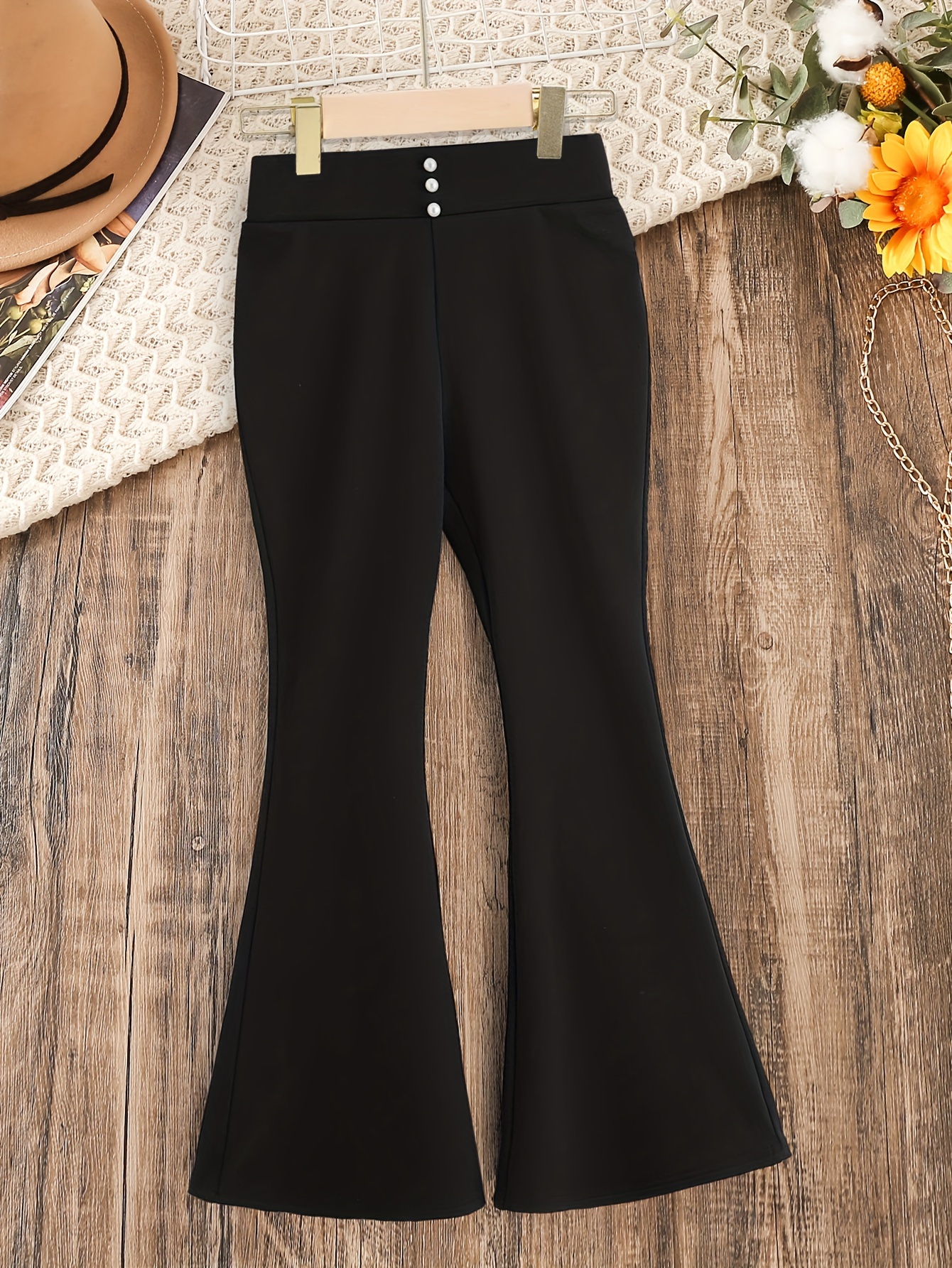 Girls Ribbed Fabric Casual Bell-bottom Pants, Versatile & Elegant Bottoms  For Spring And Fall