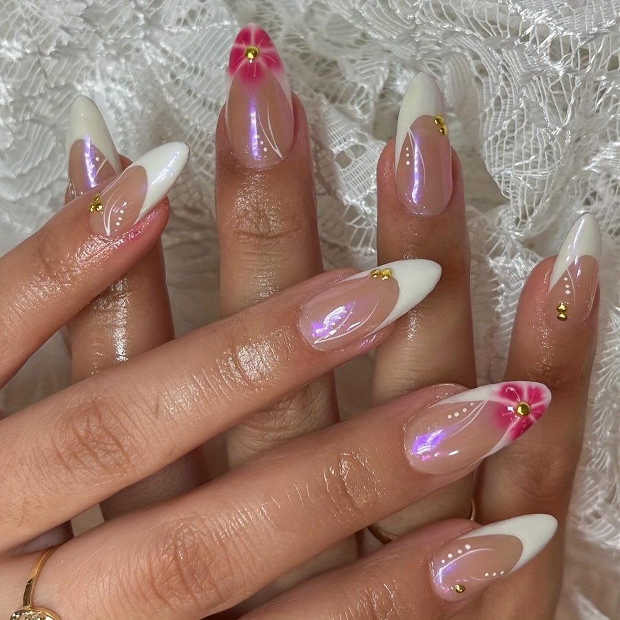 

24-piece Set Of Long Almond Press-on Nails In Pink French Tip With Rhinestone Floral Accents - Glossy Finish, Full Cover Acrylic Fake Nails For Women And Girls