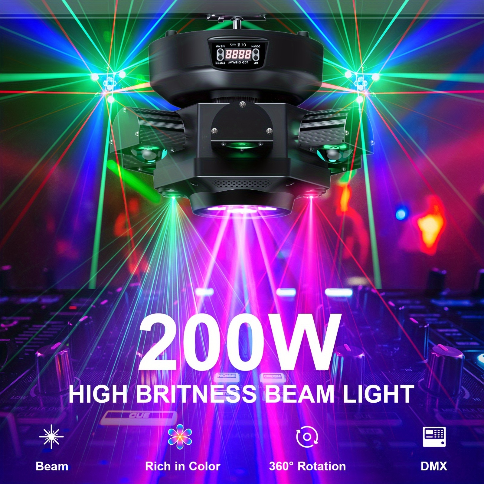 150W Six-Arm   Light with RGBW   Beam Effects, Starry Sky & Dynamic  ° Pan/Tilt, DMX512/RDM Controlled, 19  System with 4-Digit Display & XLR for DJ, Party, Concert, Wedding, Church, Theater (Black)