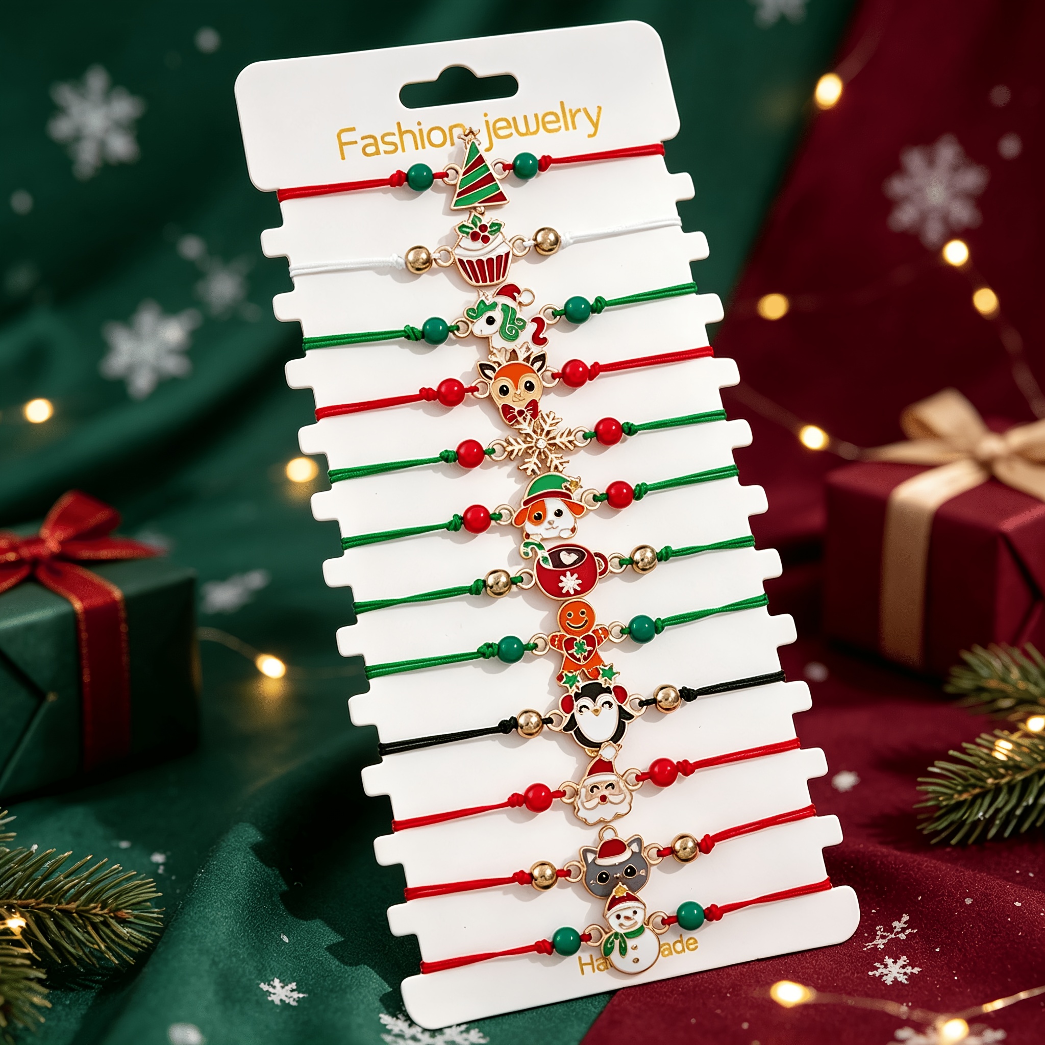 12pcs Christmas Kids Drawstring Bracelet Set with Cute Charms