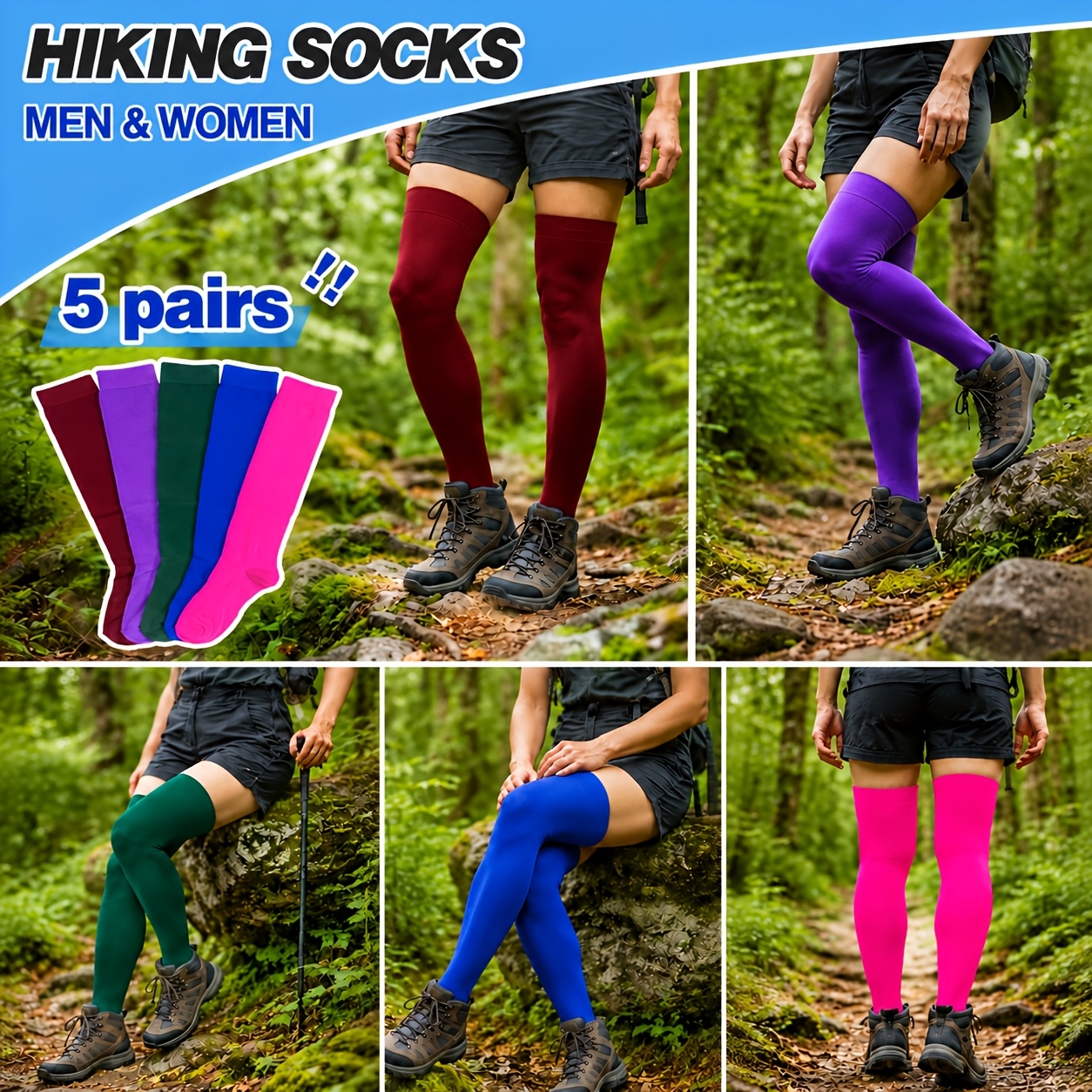 TEMU 5 Pairs Unisex Solid Color Thigh High Long Socks High Elastic Non-slip No Rolling Down Over-knee Socks Leg Design For Outdoor Hiking