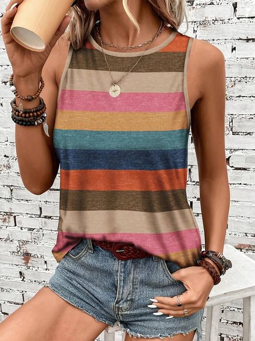 womens european and fashionable casual round neck printed tank top