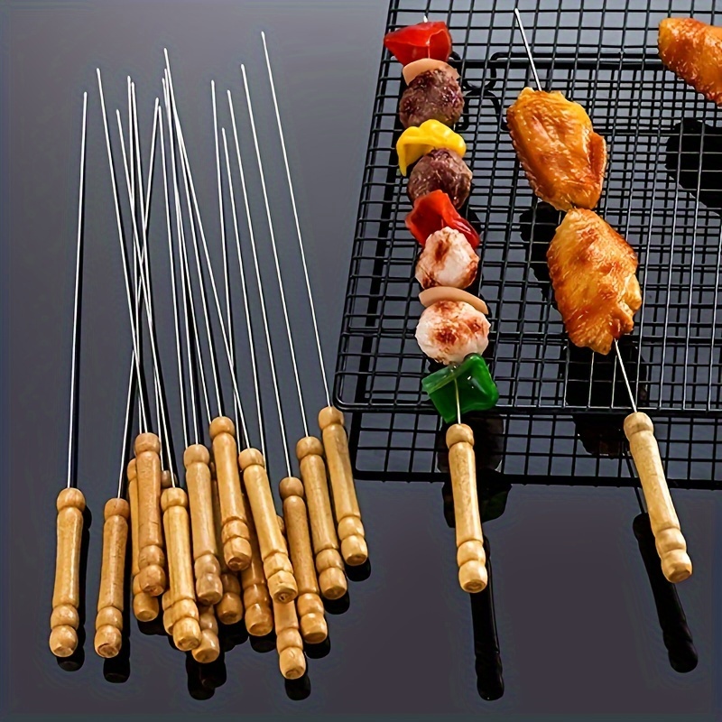 10pcs bbq skewers stainless steel bbq skewers multifunctional metal bbq skewers bbq stainless steel skewers with wooden handles bbq skewers bbq needle sticks outdoor cooking bbq supplies   skewers meat skewers