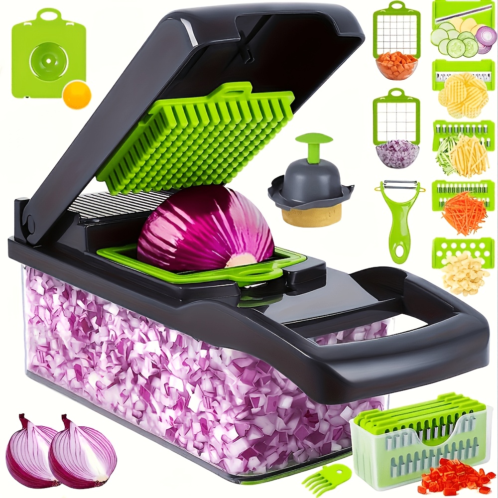 Multifunctional 16 in 1 Food Chopper, Vegetable Chopper, Onion Chopper, Vegetable Slicer, Dicer, Vegetable Chopper with 8 Blades, Colander Basket, Salad Potato Carrot Garlic Container, Multifunctional Cutter with Drain Basket, Chopper with Container
