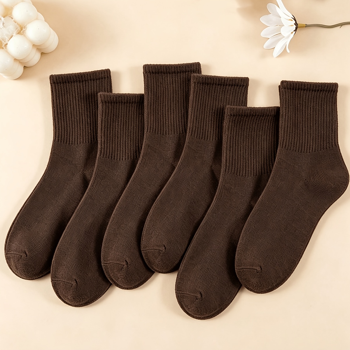 TEMU 6 Pairs Unisex Trendy Fashion Solid Color Vertical Stripes Versatile Soft Comfortable Casual Sweat-absorbing Brown Mid-calf Socks