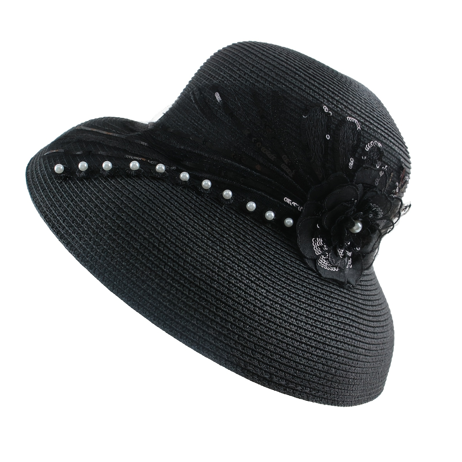 elegant womens pearl lace flower straw hat stretchable wide  display picture 3