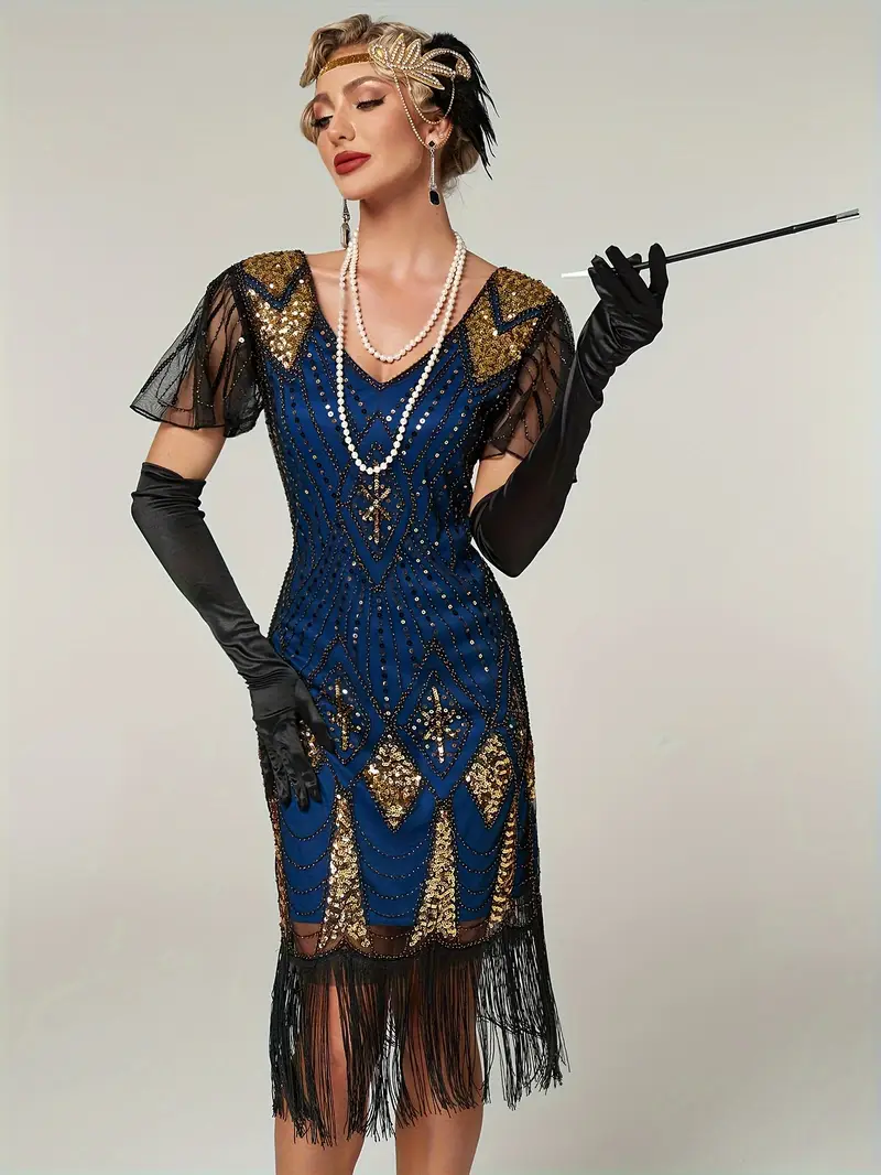 1920s retro sequin dress studded tassels short sleeved dress - Temu 1920s retro sequin dress studded tassels short sleeved dress - Temu