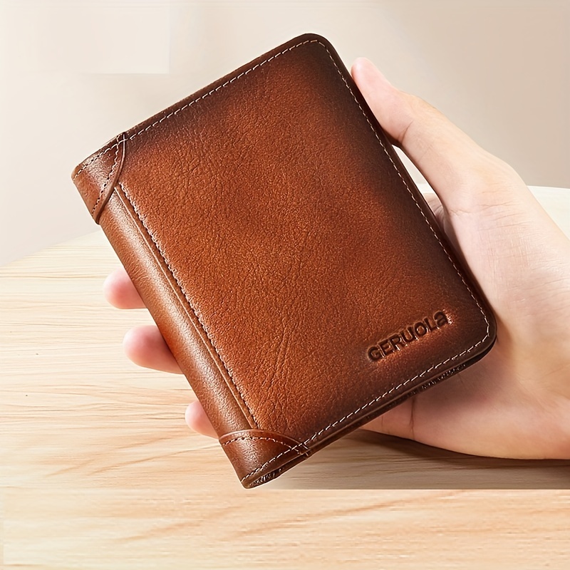 

Men's Top Layer Cowhide Retro Short Bifold Classic Wallet, Slim Brown Rfid Blocking Card Holder