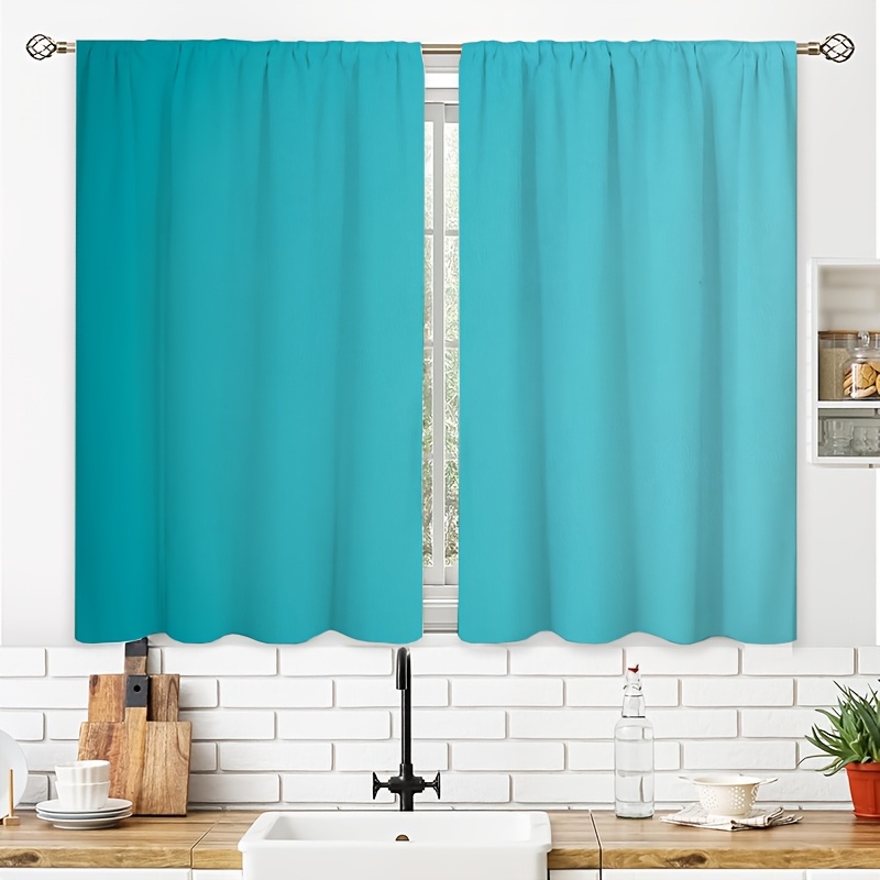 TEMU 2pcs Solid Teal Kitchen Printed Drapes, Short Cafe Window Drapes, 39.9x27.5 Inches, Rod Pocket Bathroom Curtain Treatments Tiers For Kitchen,