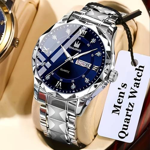 stainless mens quartz watch roman dial inlaid with rhinestones date calendar luxury luminous business multi function watch birthday gift holiday gift gift