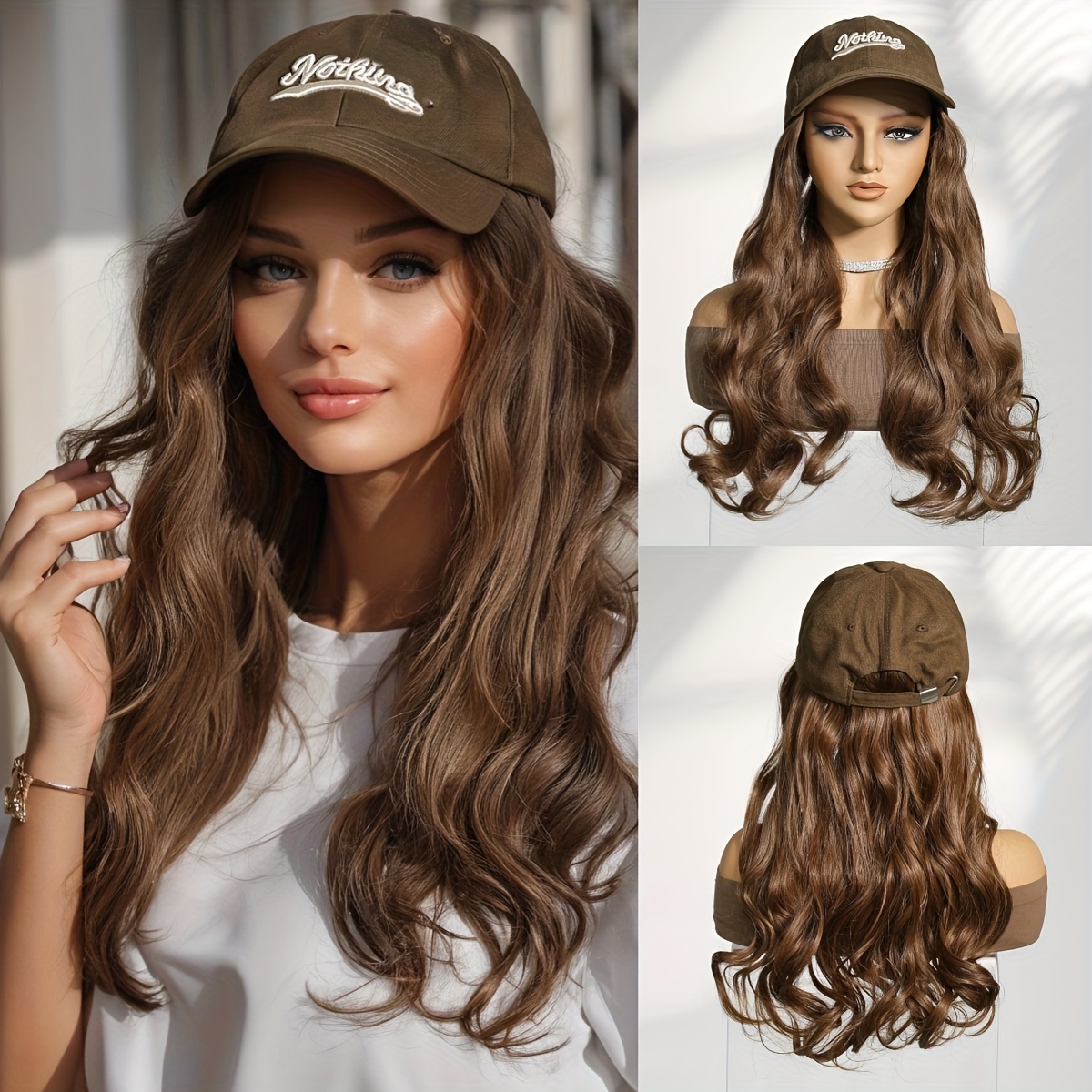 Image of ' One-piece Brown Baseball Cap With 16-inch Wavy Curly Wig - -resistant Synthetic Hair (curly Style Suitable For Fall/winter) - & Length For Daily Hairstyle - Blow-dry/styling