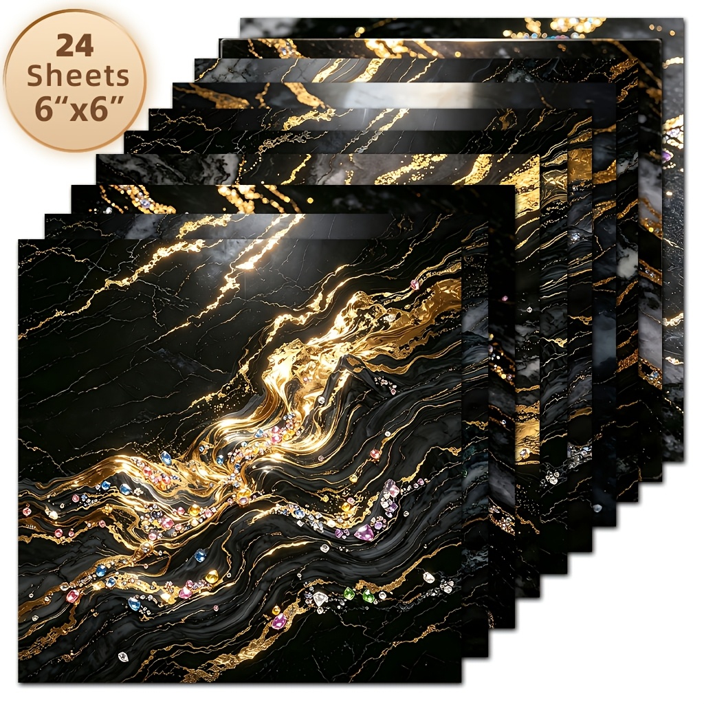 TEMU 24 Sheets 6x6 Inch Black Golden Gilded Agate Fluid Journal Decoration Paper Black Background Cloud Marble Flowing Gemstone Fine Sparkly