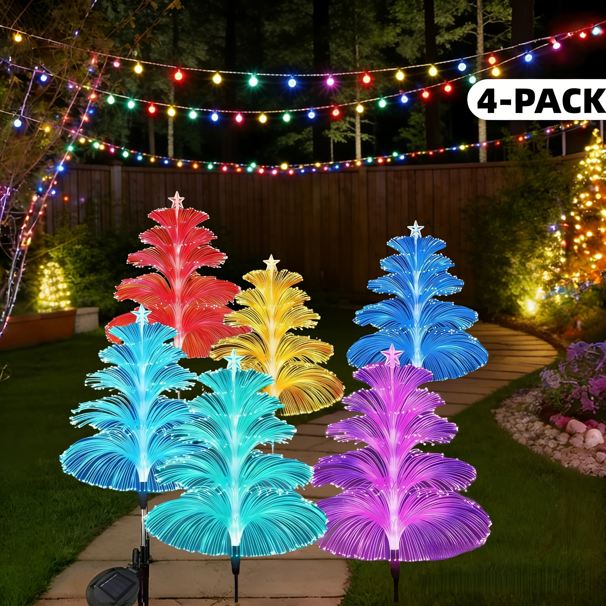 TEMU 4pcs Solar Christmas Decorations Trees/solar Reed/firework Lights, Solar Christmas Tree Jellyfish, 5 Layer 7 Color Changing For Patio Outside